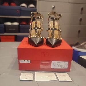 Valentino Black Rockstud Heels with T-Strap Design